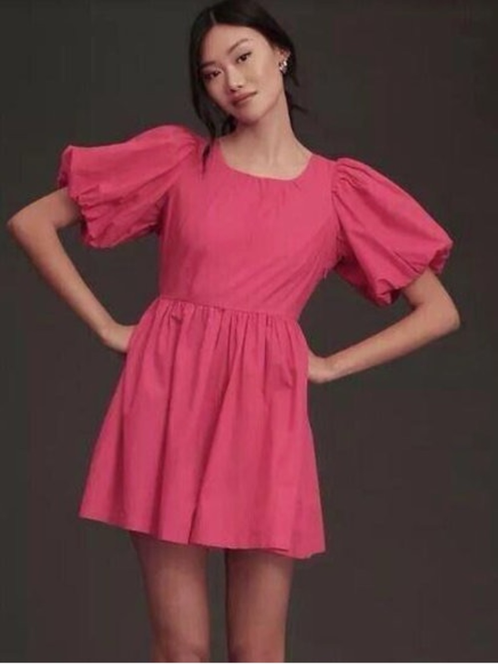 Anthropologie Pink Puff-Sleeve Mini Cotton Poplin Romper Size 6 - needs zipper